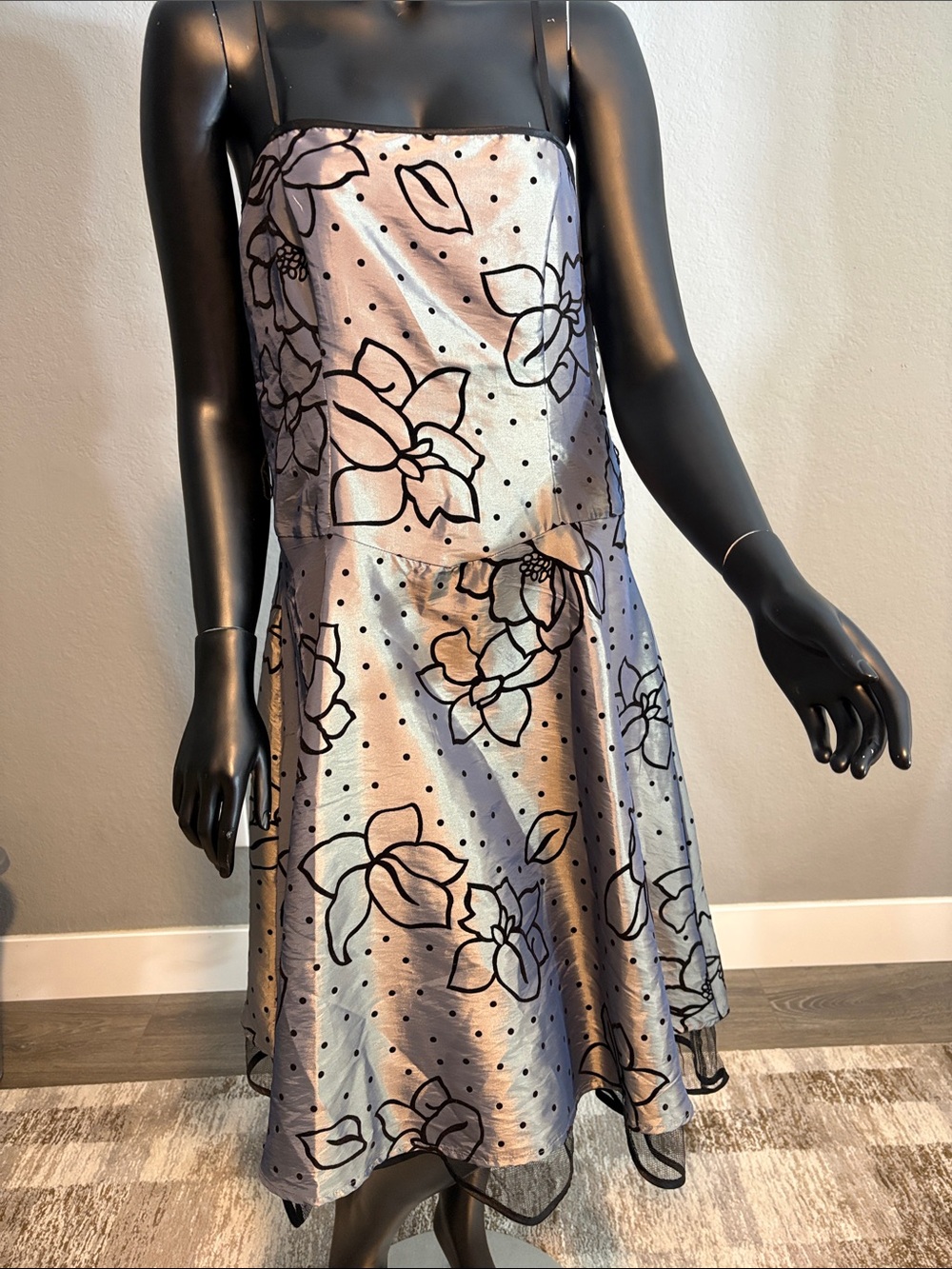 Shimmery Silver Floral Midi Dress with Black Outline